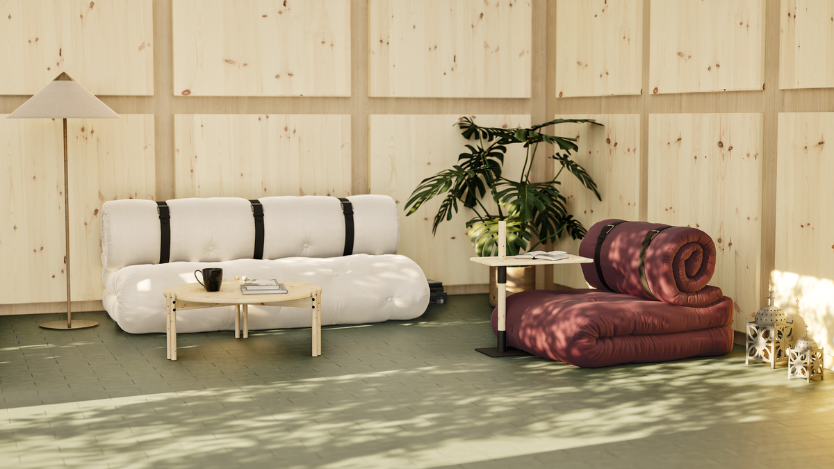 BUCKLE-UP SOFA NATUREL AVEC 3 CEINTURES EN CUIR MARRON