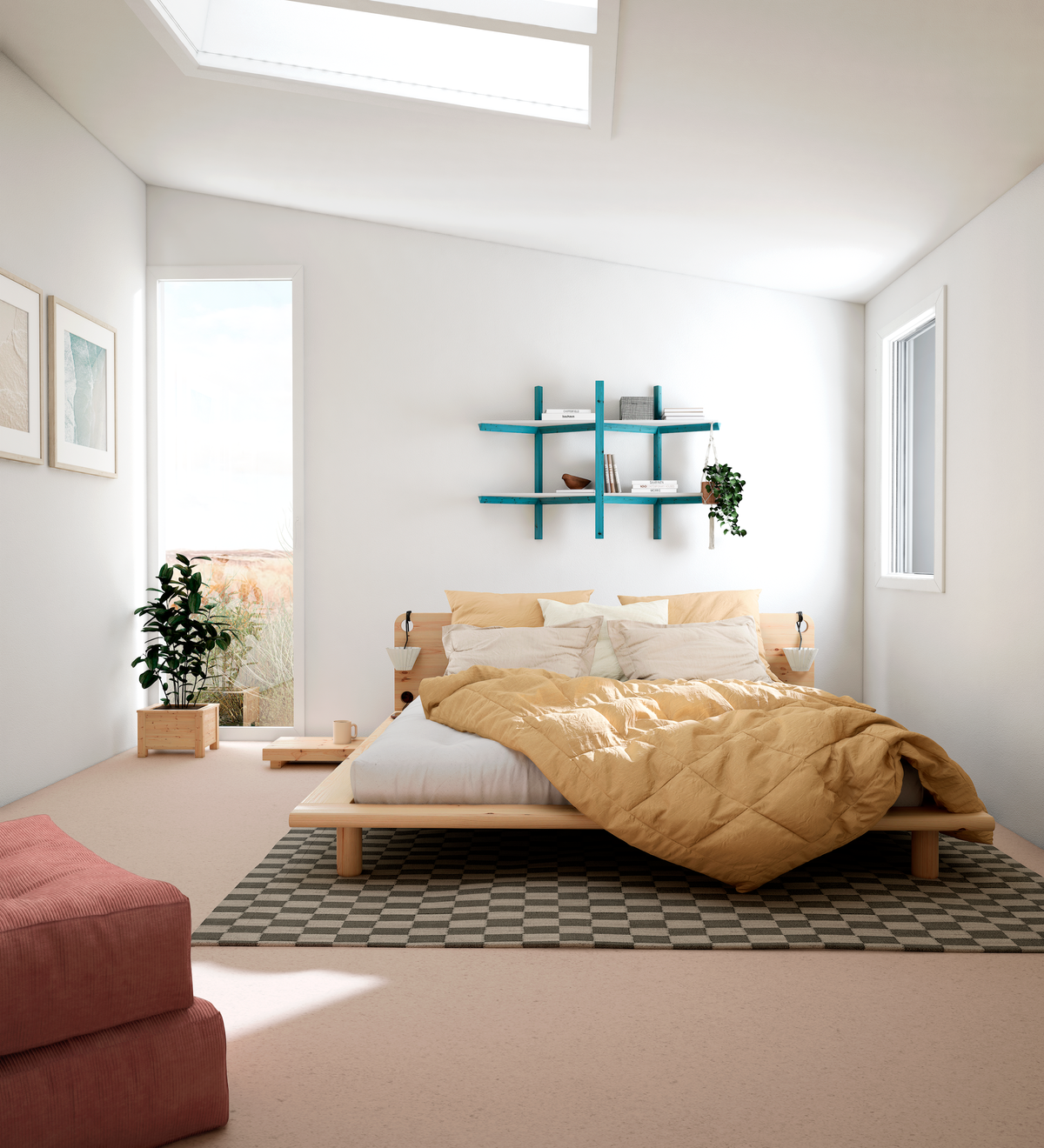 PEEK BED CLEAR LACQUERED 160 X 200 W. 2 BED LAMPS