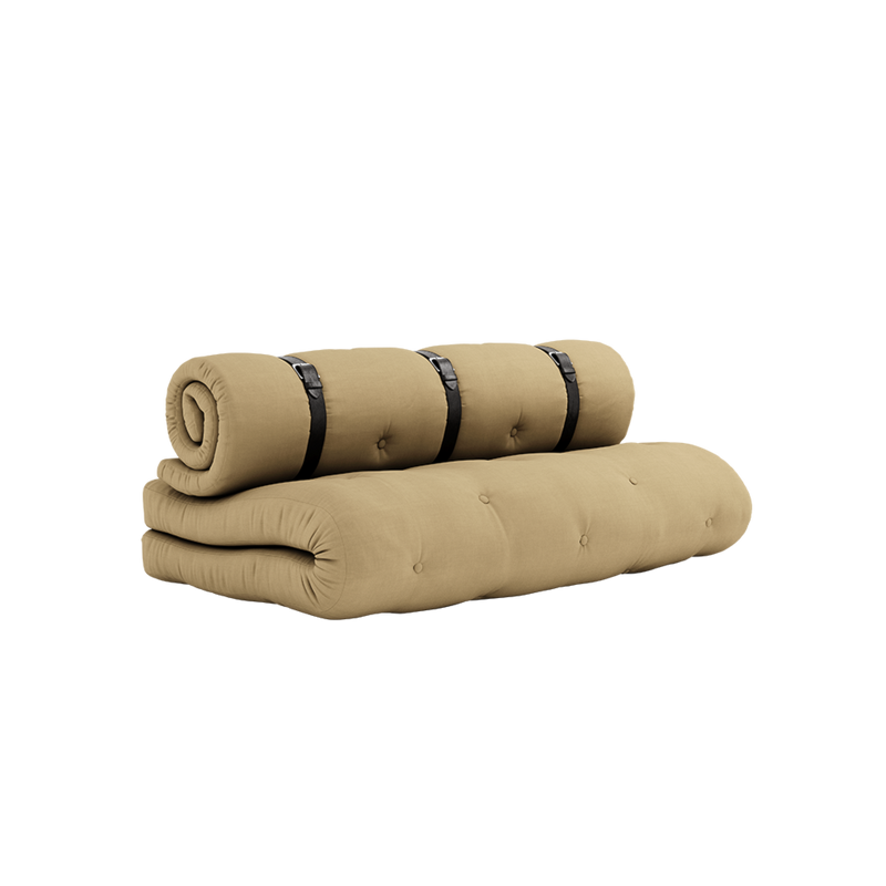 CANAPÉ BOUCLE WHEAT BEIGE AVEC 3 SANGLES EN CUIR MARRON
