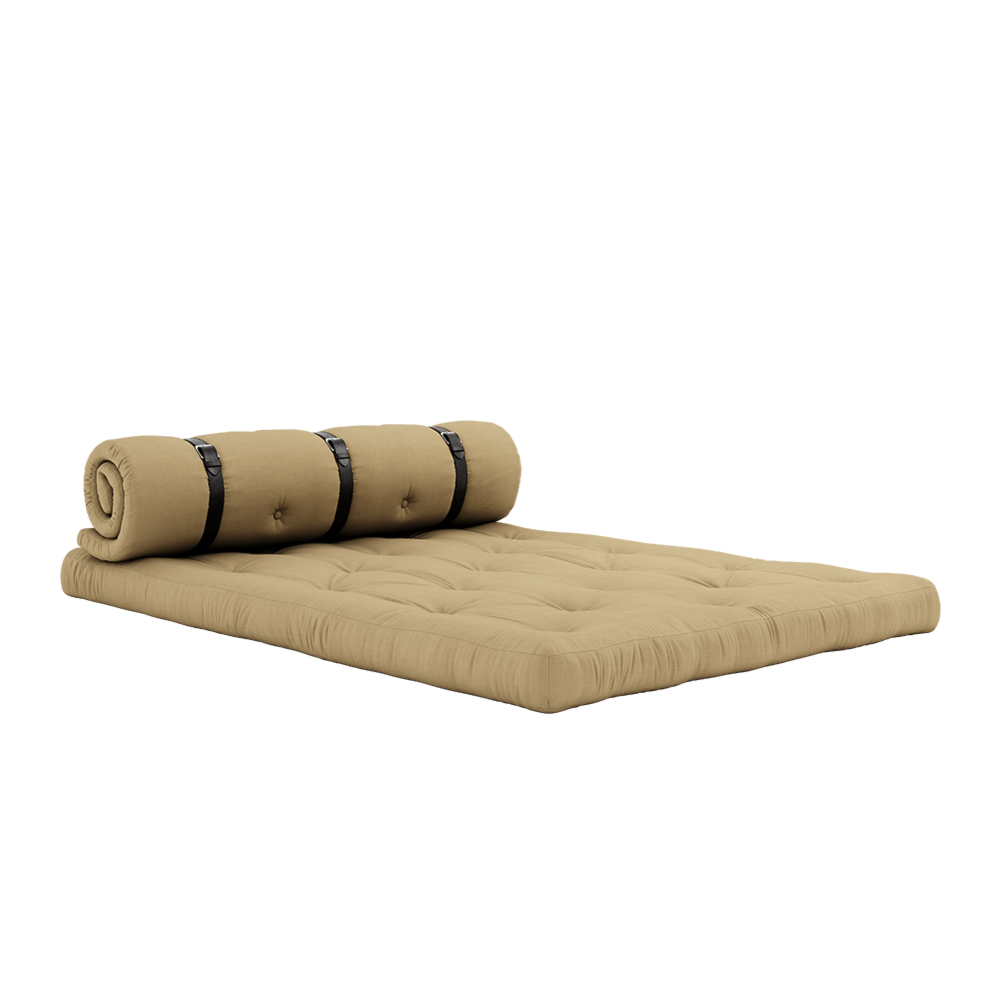 CANAPÉ BOUCLE WHEAT BEIGE AVEC 3 SANGLES EN CUIR MARRON