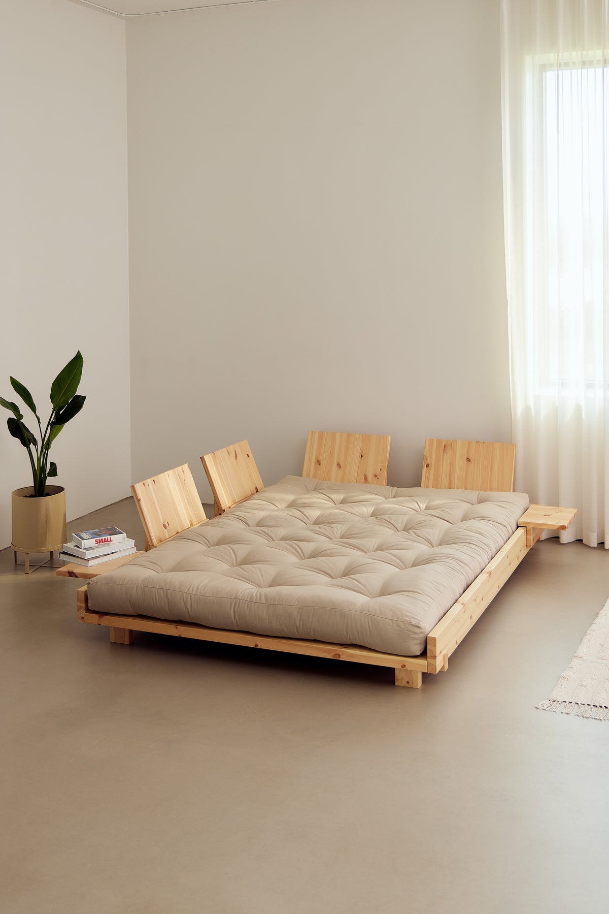 SOCIAL SOFA BED CLEAR LAC 140 X 200 W. 4 PCS BACK RESTS AND 2 PCS SIDE TABLES W. FRESH MATTRESS BEIGE